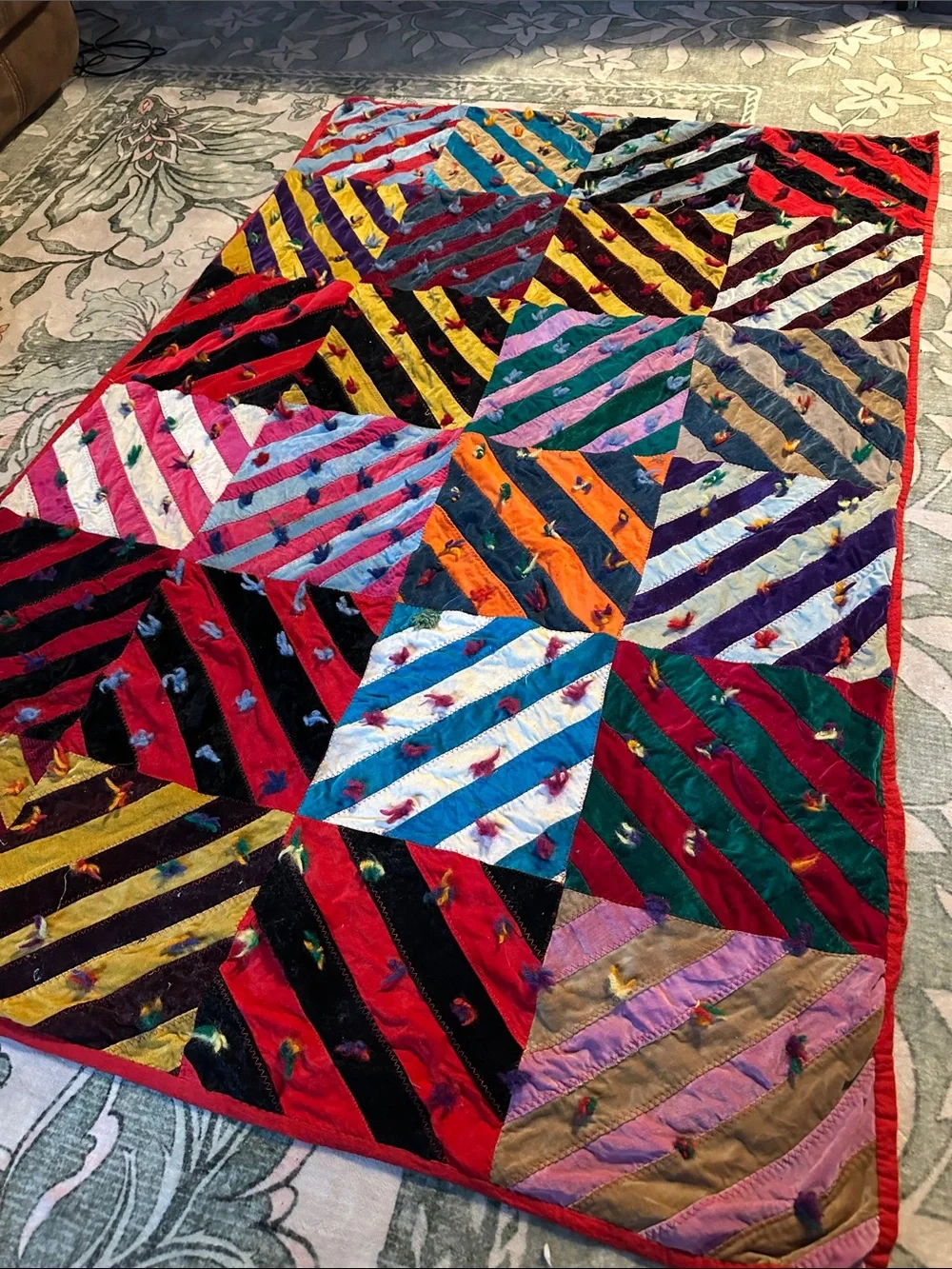 Handmade Multicolor Unique Striped Gypsy Circus Patchwork Quilt/Velvety Throw